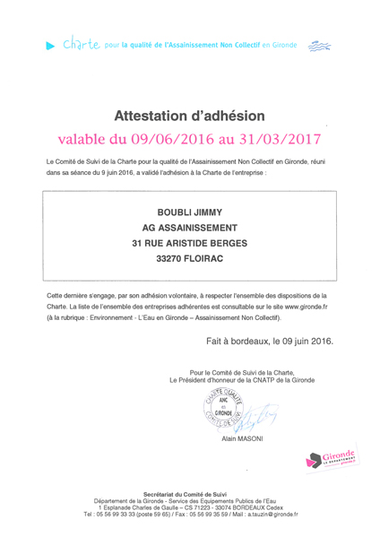 Certificat d'adhésion à la charte de qualité pour l'assainissement non collectif de la gironde